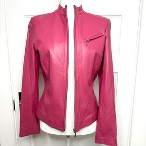 Fuchsia Pink Leather Jacket with Stand-Up Collar and Fitted Silhouette